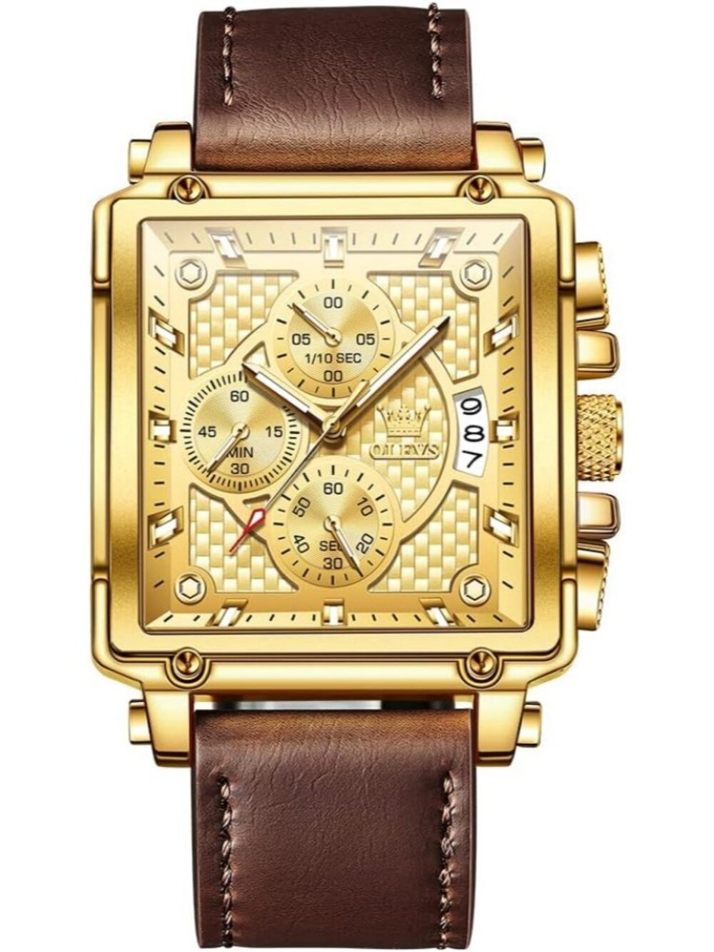 Men's Gold Brown Leather Chronograph Watch Big Face Waterproof Luminous Watch